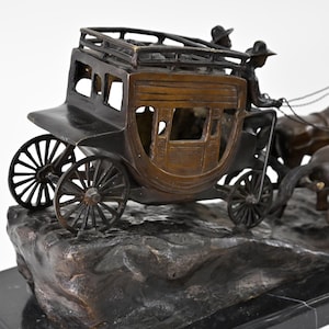Western Stagecoach Bronze Sculpture by M. Russell | Cowboy & Galloping Horses Statue | Rustic American Decor | Vintage Western Art