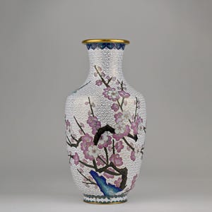 White Cloisonné Vase | Vintage Chinese Enamel with Cherry Blossom Floral Design | Elegant Decor