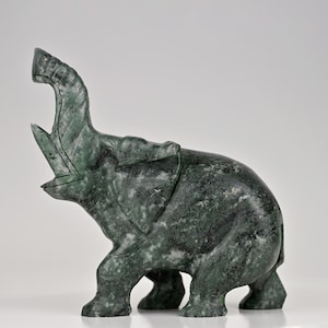 Hand-Carved Spinach Jade Elephant Statue | Feng Shui Symbol of Strength, Luck & Prosperity | Natural Green Jade Figurine | Crystal Decor