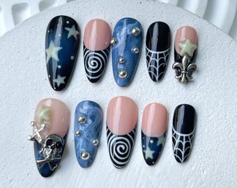 Coraline Inspired Halloween Press On Nails| Glow in the Dark Stars, Spiderweb, Skull, Hypnotic Spiral, 3D Charms, Spooky Fall Nail Art