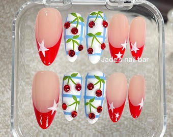 4th of July Press On Nails Red French Tip with 3D Cherries Design