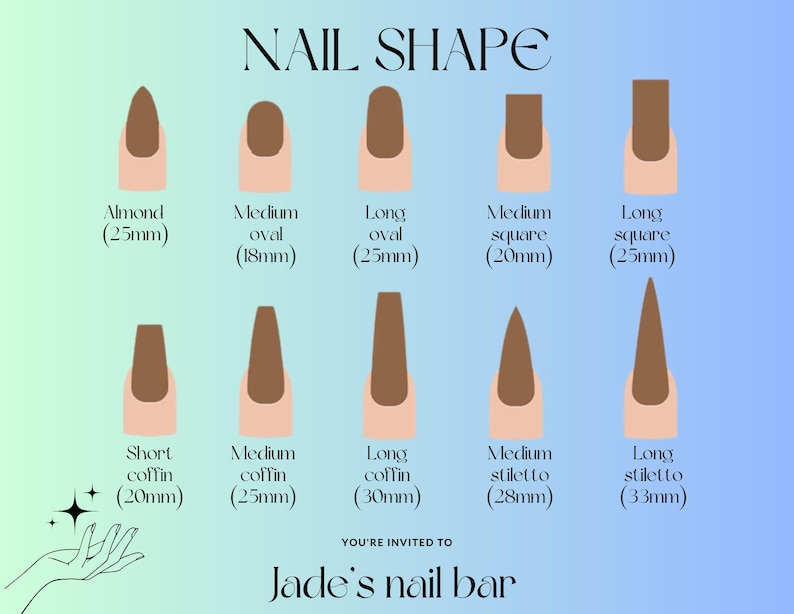 以下が含まれることがあります： アーモンド、オーバル、スクエア、コフィン、スティレットなど、さまざまなネイルの形と長さを示すチャート。チャートには、各形状と長さのミリメートル単位の測定値が含まれています。