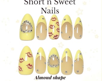 Short N Sweet Press On Nails, Yellow Concert Fake Nails, Sabrina Carpenter Kiss Lips Almond Set