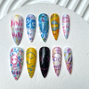 League of Legends Jinx press on Nails |Jinx Graffiti Nail Art |Jinx-Themed Fake Nails |Fun & Bright Graffiti Press Ons |Colorful Nails