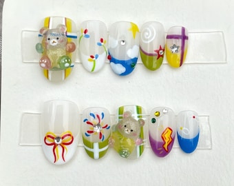 Cute bears Press on nails for kids Kawaii colorful nail art Handmade 3D Teddy Bears with bow Kawaii acrylic nails