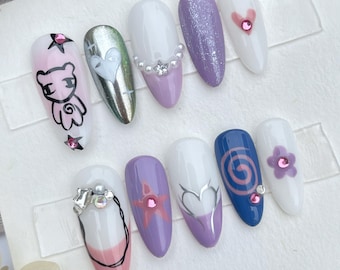 Pastel Purple Almond Press On Nails: Y2K Star Heart Designs