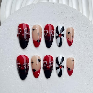 Halloween Clown effrayant rouge et noir Presse sur les ongles | Ongles effrayants pour la fête d&#39;Halloween
