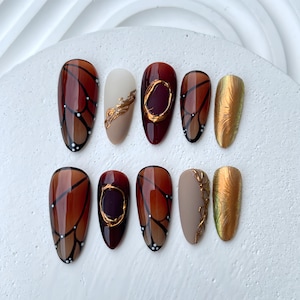 Elegant Brown Gradient Press On Nails | Autumn-Inspired Brown and Gold Nails | Sophisticated Butterfly Nail Art | Chic Brown Acrylic Nails