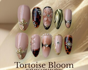 Press On Nail Giltrose Gothic Bloom with Gold Accent | 3D Floral Fake Nail in Long Stiletto | Handmade Nail Art for Party, Holiday, Birthday