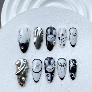 Kawaii Miffy Bunny Press on Nails | Black and white Silver Chrome Miffy Nail Art | Kawaii Miffy Fake Nails | Cute Nails for Birthday Party