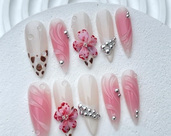 Leopard French tips Press On Nails | 3D Flowers with Rhinestones Acrylic Nails | Stunning Floral Nails Press On | Pink Press Ons