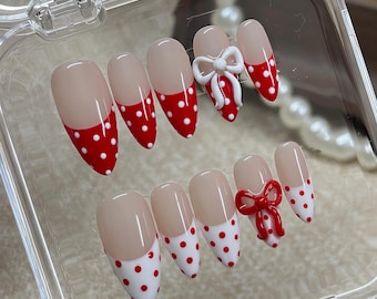 Valentine Press on Coquette 3D Red Bow Polka Dot Fake Nails Long Stiletto French Tip Gift