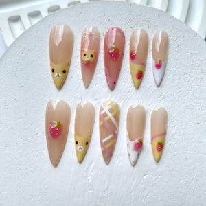 Kawaii Bear Strawberry Press On Nails | Cute Animal Fruit Nail Art | Pastel Pink Strawberry Fake Nails | Fun Fruit Nail Polish