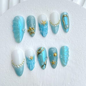 Mermaid Ocean Press On Nails Blue Ocean-Inspired Designs with Glittery Oceanic, Pearl, 3D Starfish Custom Handmade Press On Nails