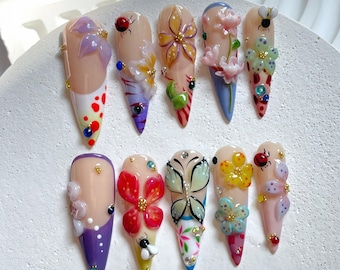 Summer Press On Nails with 3D Tropical Flowers & Butterflies, Bright Floral Fake Nails in Long Almond, Beach Nail Art for Vacation, Holiday