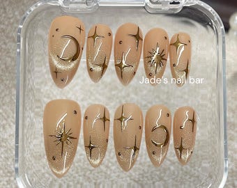 Aura press on nails long almond nails|Moon&Sun StarNails|Cat eye nails|Aura Nails|Gyaru nails|Gothic nails|Black Nails|Birthday Nails