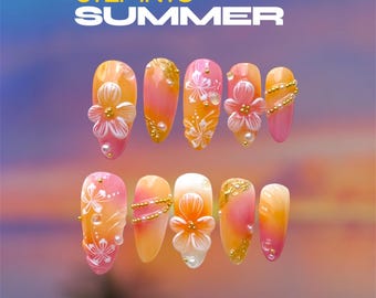 Summer Ombre Press On Nails with 3D Floral Design, Tropical Pink Yellow Nails, Beach Vacation Nails, Handmade Summer Flowers Nail Set