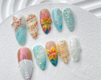 Starfish Bloom Elegance Press On Nails Short Almond Nails/Flower Nails/Yellow Nails/Spring Summer Nails/Shell Nails/Birthday Nails