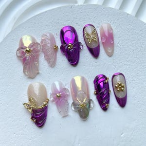 Chrome Purple Press On Nails | Luxurious Purple Nail Art | Butterfly charms on Fake Nails | 3D Floral Nail Charms | Press Ons