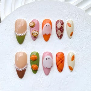 Halloween Cute Ghost Nails with Cinnamon Roll and Pumpkin 3D| Press on Nails for Halloween Autumn Season