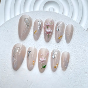 Koi Pond Bliss Press on Nails Koi Fish and Lotus Floral Nail Art Zen Garden Koi Nails Blossoming Fake Nails