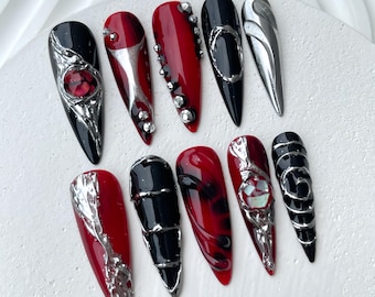 Hand-Painted Free-Style Press On Nails Silver Metallic Crystal Long Stiletto Custom Chrome Fake Nails Y2K Goth & Gothic Nail Art