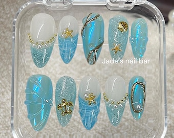 Mermaid Ocean Press On Nails Blue Ocean-Inspired Designs with Glittery Oceanic, Pearl, 3D Starfish Custom Handmade Press On Nails