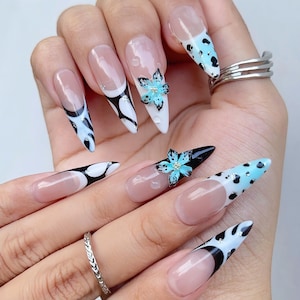 Leopard French Tip Press on Nails Hand sculpted 3D Flower Design Stunning Floral Nails Press on Blue press ons Gift for Her Nails Set