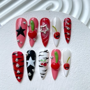 Y2K Red Cherry & Star Press On Nails | Cherry Tiger Fake Nails | Zebra Star Cherry Nail Art | Wild Cherry Nail Polish | Star-Studded
