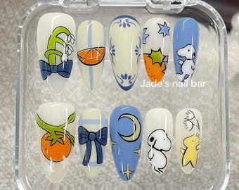Summer Cute Cartoon Nails | Custom Cartoon Press On Nails | Handmade Designs Nail Art, Cute and Creative Fake Nails, reusable nails