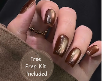 Brown Cat Eye Press On Nails Luxury Daily Wear Minimal Elegant Nails