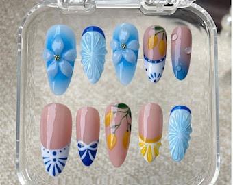 Press On Nails Lemon Art with Plumeria | 3D Floral Fake Nails in Medium Almond | Handmade Summer Nail Art for Holiday, Vacation, Birthday