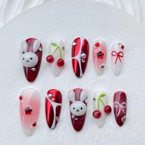 Kawaii Miffy Bunny Press on Nails |Red Cat eye Miffy Nail Art |3D Kawaii Miffy Cute Fake Nails