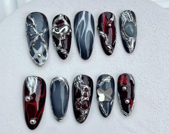 Chrome Silver & Red Press On Nails: Y2k Star Nail Art