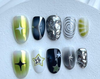Y2K Galaxy Star Press On Nails: 3D Green & Black Nail Art