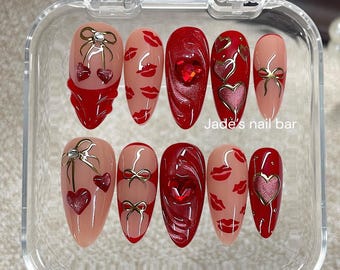 Red Cat eye Press On Nails, 3D Hearts, Lips, Valentine's Day