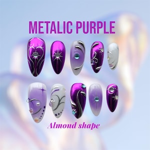 Uñas postizas góticas moradas cromadas / Forma almendrada / Diseños pintados a mano / Uñas adhesivas de calidad profesional
