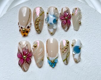 Uñas postizas con flores 3D elegantes para fiestas de primavera/verano