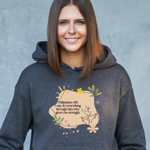 Sudadera con capucha con versículo bíblico de Filipenses 4, ropa de calle cristiana, moda cristiana, sudadera con capucha con bolsillo tipo cangurera, sudadera tipo pulóver