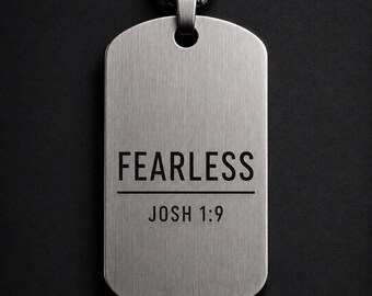 FEARLESS Cuban Chain Necklace – Joshua 1:9 | Christian Dog Tag Pendant | Stainless Steel Bible Verse Jewelry | Minimalist Faith Gift for Men