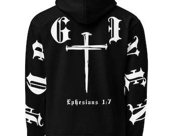 FORGIVEN Relaxed Fit Unisex Hoodie - Christian Streetwear Black and White Ephesians 1:7 - Bible Verse Inspired Pullover Sweatshirt