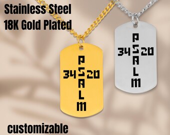 Psalm 34:20 Dog Tag Cuban Chain Christian Bible Verse Jewelry, Stainless Steel, Gold Plated, Christian Jewelry, Customizable