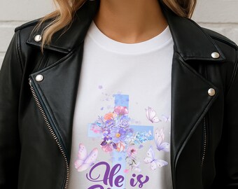 He Is Risen cross floral T-shirt | Easter Christian shirt | Women's Comfort Colors Garment Dyed Butterfly Faith Tee
