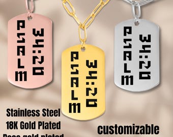 Bible Verse Jewelry, Psalm 34:20 Dog Tag Style Pendant, Paperclip Chain Necklace, Personalized Custom Pendant, Men's Christian Jewelry