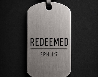 REDEEMED Cuban Chain Necklace – Ephesians 1:7 | Christian Dog Tag Pendant | Stainless Steel Scripture Jewelry | Christian Gift for Men