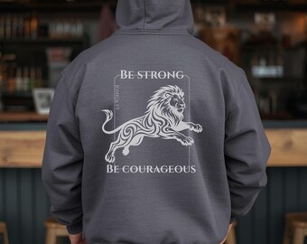 Joshua 1:9 Be Strong Lion Back Print Urban Christian Streetwear Hoodie, Lane Seven Garment Dyed Heavyweight Pullover