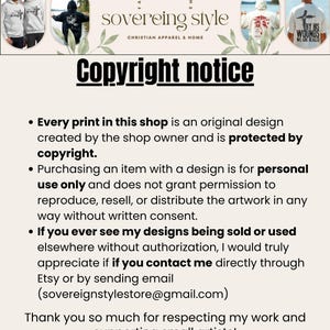 Peut inclure: Image avec le texte "Copyright notice" et le nom de la boutique "sovereing style CHRISTIAN APPAREL & HOME". Le texte d&eacute;taille les informations sur le droit d'auteur et les conditions d'utilisation personnelle. Des exemples de v&ecirc;tements sont &eacute;galement pr&eacute;sent&eacute;s.