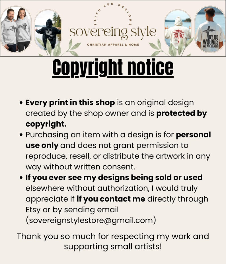 Peut inclure: Image avec le texte "Copyright notice" et le nom de la boutique "sovereing style CHRISTIAN APPAREL & HOME". Le texte d&eacute;taille les informations sur le droit d'auteur et les conditions d'utilisation personnelle. Des exemples de v&ecirc;tements sont &eacute;galement pr&eacute;sent&eacute;s.