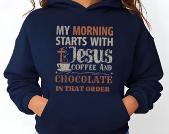 Morning with Jesus Gildan Heavy blend Hoodie, Fun Christian Church wear, Hooded sweatshirt