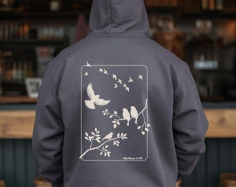 Matthew 6:26 Bible Verse Inspired Birds Back Print Hoodie, Gildan Heavy blend, Christian Pullover Hooded Sweatshirt, Comfortable Church Wear